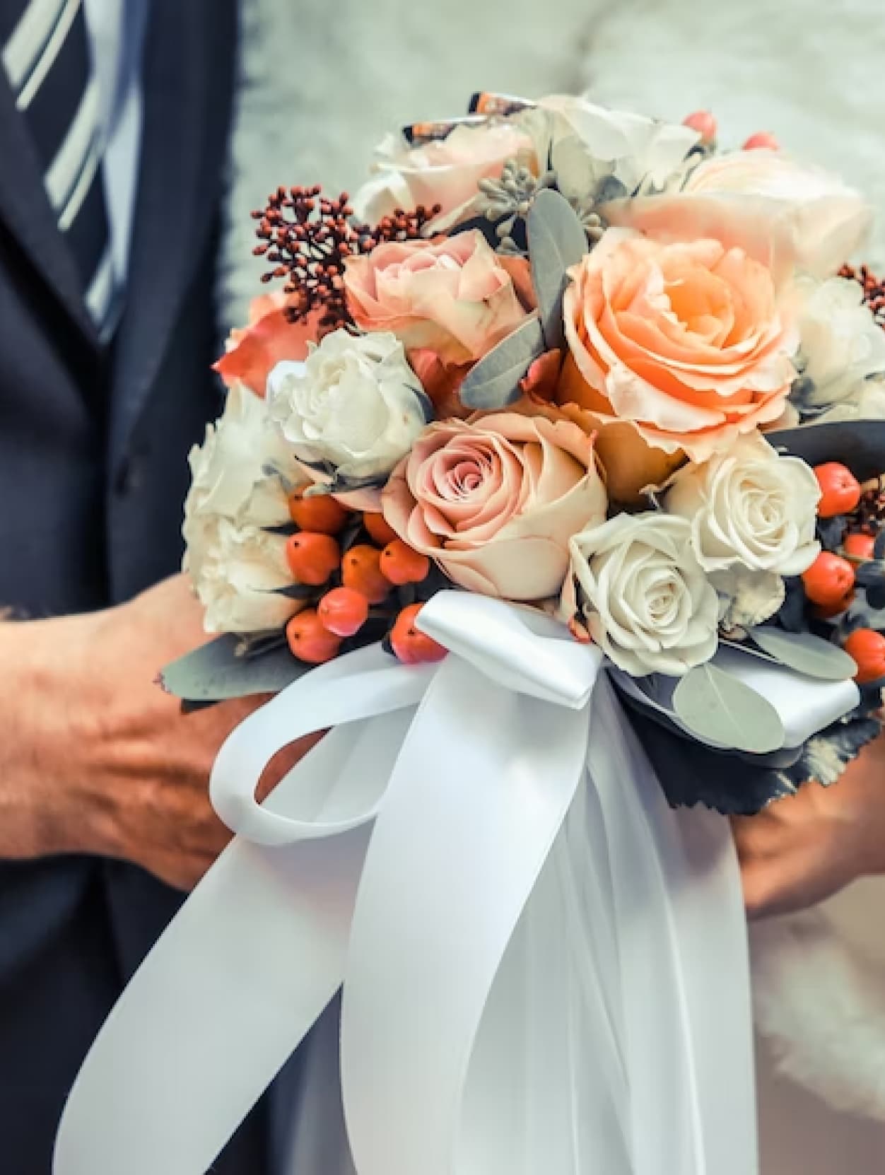 Couple holding a peach and white wedding bouquet